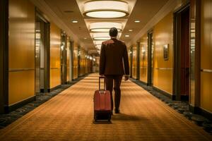AI generated Sturdy Man suitcase luggage in hotel. Generate Ai photo