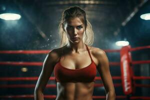 ai generado valiente mujer Boxer anillo deporte. generar ai foto