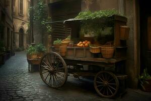 Vintage wooden cart street vegetables stall. Generate ai photo