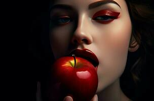mujer con rojo maquillaje mordedura un rojo manzana. generar ai foto