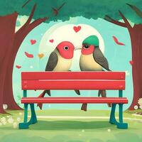 ai generado un juguetón y caprichoso escena de dos pájaros del amor compartiendo un Beso en un parque banco, ai generado foto