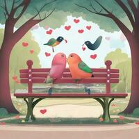 ai generado un juguetón y caprichoso escena de dos pájaros del amor compartiendo un Beso en un parque banco, ai generado foto