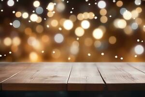 AI generated empty wooden table against a bokeh lights background photo
