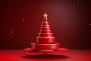 AI generated merry Christmas 3d rendered red Podium display for event photo