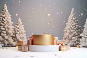 AI generated 3d rendered white and snowy Podium display for merry Christmas event photo
