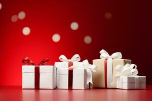 AI generated white gift boxes with silk ribbon bows and golden confetti on isolated red background photo