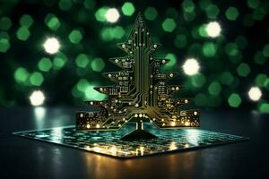 AI generated Christmas tree made with circuit board technology concept photo