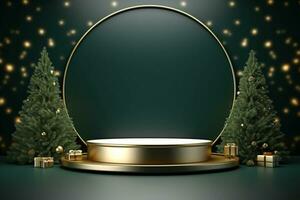 AI generated merry Christmas 3d rendered red Podium display for event photo