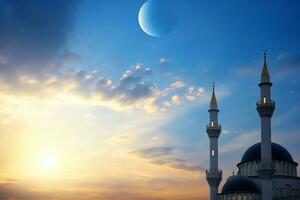 AI generated Ramadan Kareem. Tall minarets, mosque dome and crescent and shining star in the sky. Religious background. photo