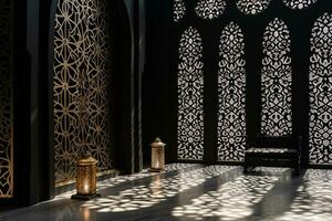 ai generado islámico antecedentes ligero con mezquita ventana ornamento escena foto