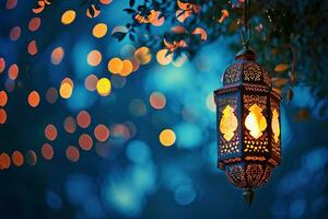 AI generated An illuminated Arabic colorful hanging Ramadan lantern photo