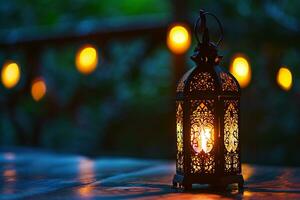 AI generated Ornamental Arabic lanterns. Glittering golden bokeh lights on the table photo