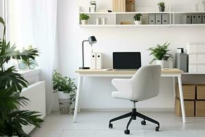 AI generated Wood office desk table with laptop computer, cup of coffee and supplies. with copy space, flat lay. photo