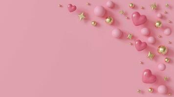 Captivating, animated pink background with glossy hearts, pearls and stars creating delightful diagonal cascade, perfect for romantic Valentine's Day themes. Copy space for text. 3D motion graphic. video