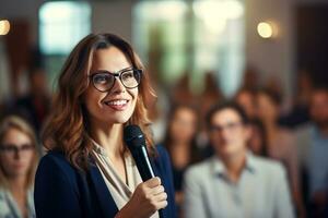 AI generated Female speaker giving a talk on corporate business conference. Unrecognizable people in audience at conference hall. Business and Entrepreneurship event photo