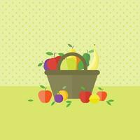 A basket or bag with various fruits standing on the kitchen table vector