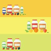 Horizontal banners with jam and fruits, berries on the kitchen table vector