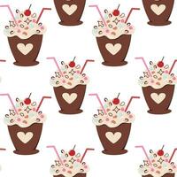 Seamless pattern of dessert in a cup with cocktail straw decoration and cream in trendy soft shades vector