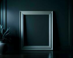 AI generated modern interior design with empty picture frame and empty black wall, 3 d rendering photo