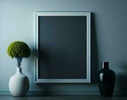 AI generated empty black frame on a white wall background. mockup for your design. 3 d render. photo