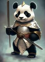 ai generado 3d ilustración de un panda guerrero con un espada y proteger foto