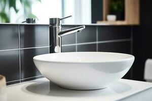 A detailed shot of a pristine white ceramic sink with a minimalist design Generative AI photo