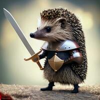 AI generated Hedgehog in armor with a sword and shield on the ground photo