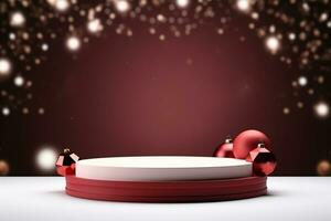 AI generated merry Christmas 3d rendered red Podium display for event photo