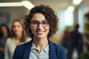 ai generado retrato de exitoso y contento mujer de negocios, oficina trabajador sonriente y mirando a cámara, trabajando dentro moderno oficina. foto