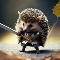 AI generated Hedgehog in armor with a sword and a shield on autumn leaves photo