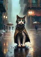 AI generated Fantasy portrait of a cat in a raincoat at night photo
