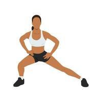 Woman doing standing adductor or adduction stretch exercise. vector