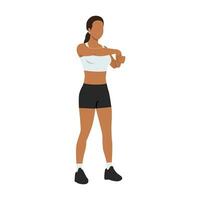 Woman doing standing palm down wrist stretch exercise. vector