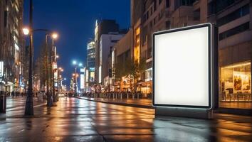 AI generated Blank advertising banner on the street at night photo