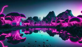 AI generated Fantasy water lake and glowing lights landscape in fantasy alien planet. 3d render illustration. photo
