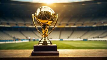 AI generated football championship gold cup at the stadium photo