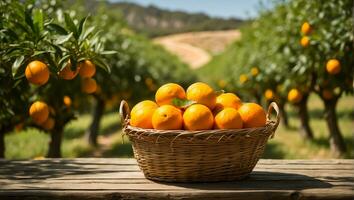 ai generado cesta con Fresco naranjas en un antecedentes de arboles foto