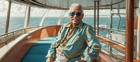 AI generated Happy elderly man on the background of a yacht photo