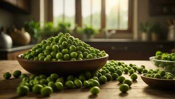 AI generated Fresh appetizing green peas on the kitchen table photo