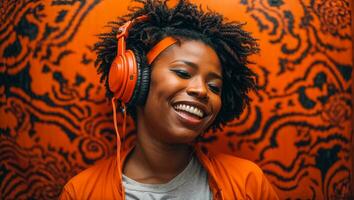 AI generated Beautiful happy African American girl listening to music on headphones on color background photo