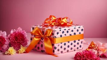 AI generated Gift box with bow and flowers photo