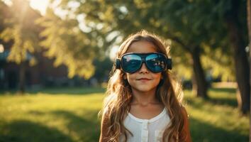 ai generado niña en virtual realidad lentes en el calles en verano foto