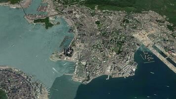 Satellit Hong kong Karte Hintergrund Schleife. Spinnen um China Stadt Luft Filmaufnahme. nahtlos Panorama rotierend Über Innenstadt Hintergrund. video