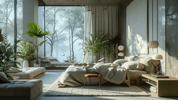 AI generated Bedroom interior design minimal aesthetic 3d rendered photo