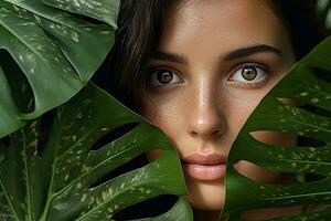 AI generated closeup shot of a beautiful young woman face covered with leaves generative AI photo