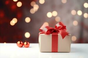 ai generado Navidad regalo caja en bokeh antecedentes foto