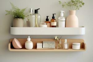 A detailed shot of a minimalist bathroom shelf, adorned with carefully curated essentials and decorative elements Generative AI photo