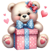 ai generato carino cartone animato orso con regalo scatola e cuori. ai png