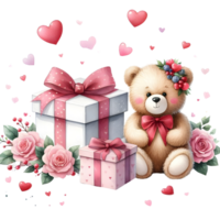 AI generated Cute cartoon bear with gift box and hearts.  AI png