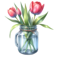 AI generated watercolor Bouquet of pink tulips in glass jar. png